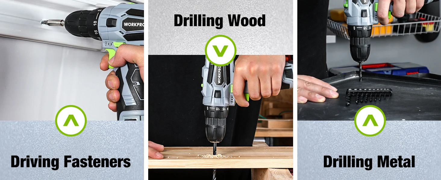Hand using a power drill to drive fasteners into wood and metal, with visible drill bits and text labels