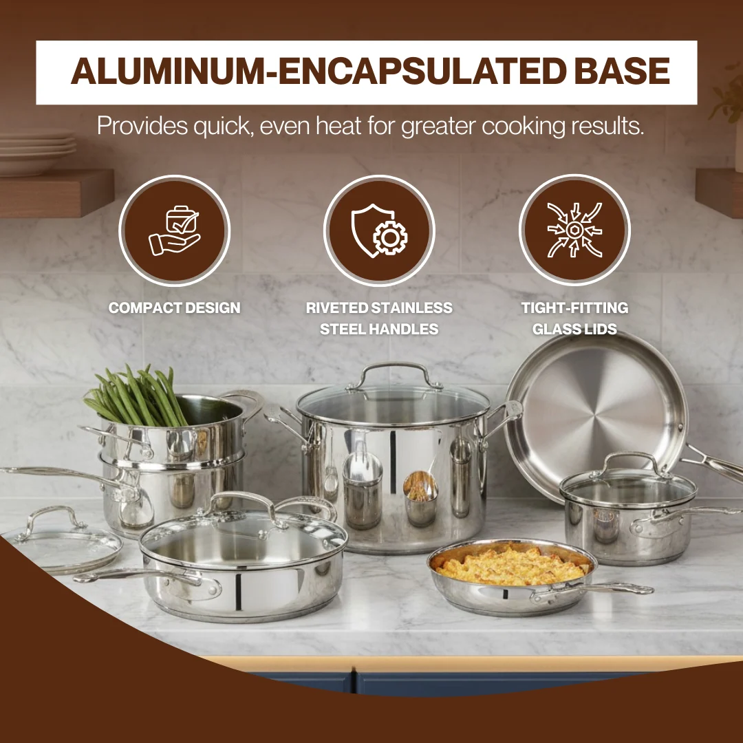 Stainless Steel Cookware Set with Glass Lids & Even Heat Base