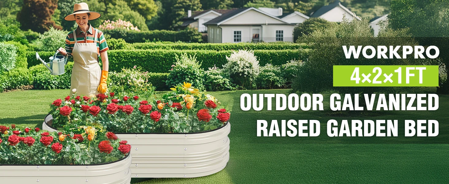 Raised garden bed with red flowers and a gardener watering in a green backyard, with WORKPRO text overlay
