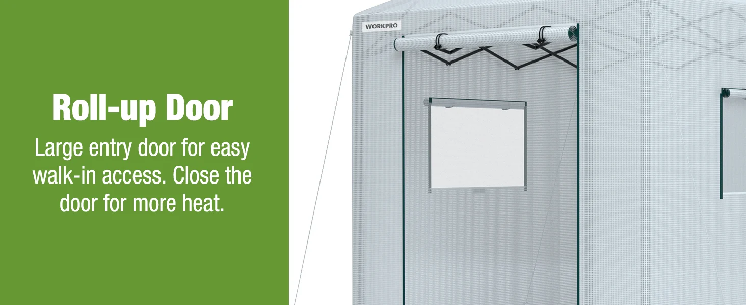 Roll-up door with WORKPRO label on a gray mesh panel, showing an open entry for walk-in access