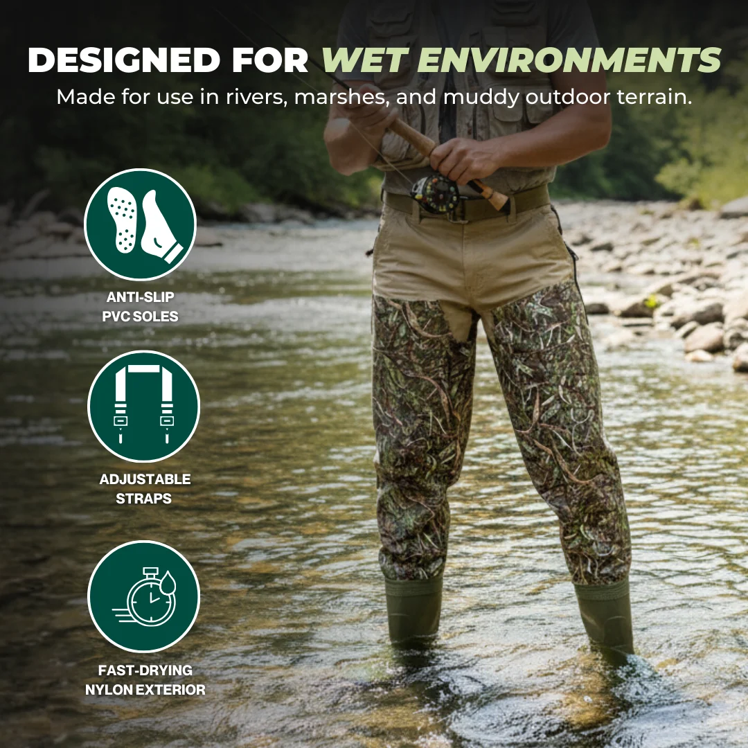 Hip Waders with PVC Boots and Adjustable Straps for Wet Environments