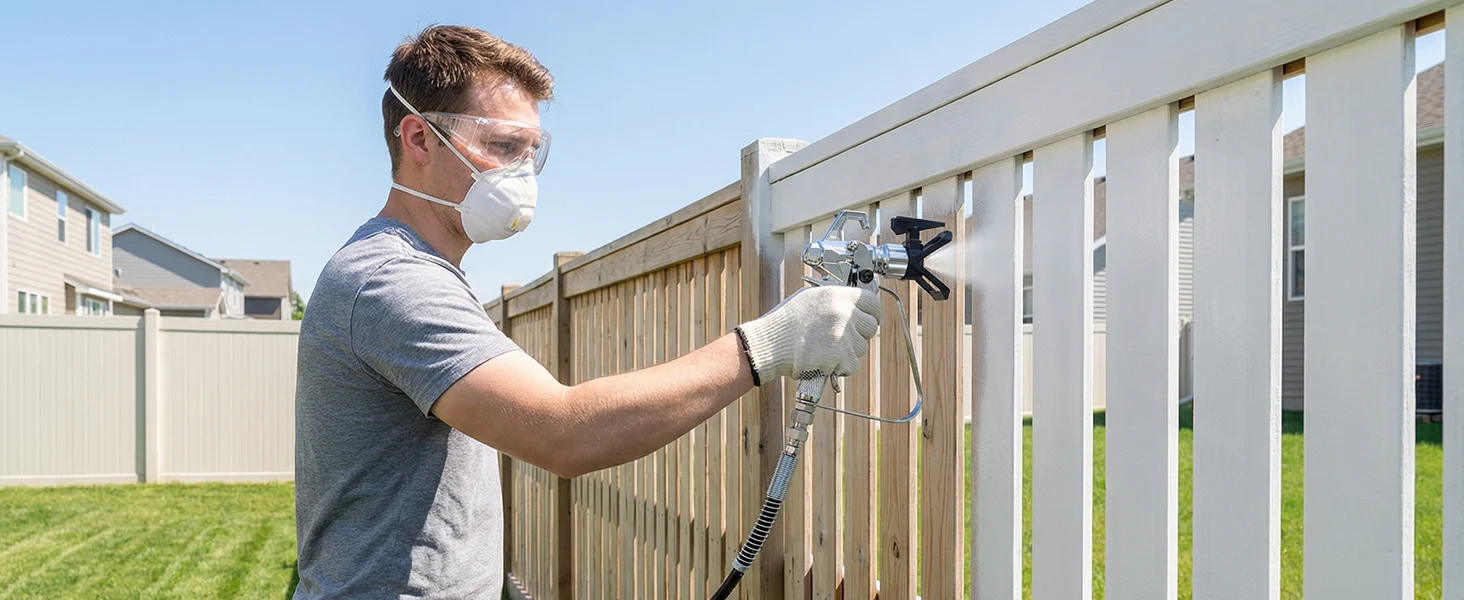 Worker in protective mask and gloves using a power sprayer on a wooden fence, innovation and quality in outdoor work