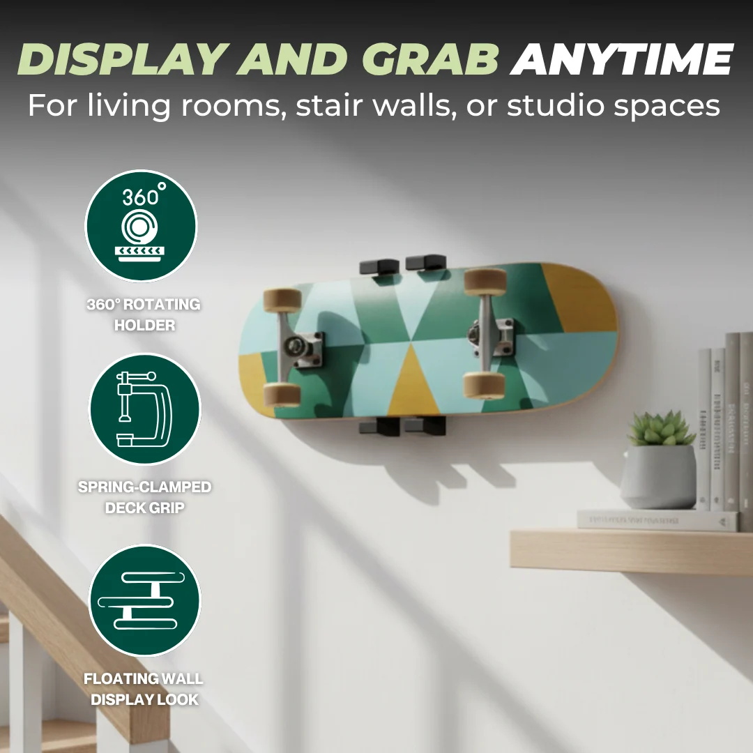 360 Rotating Skateboard Wall Mount Floating Deck Display Hanger