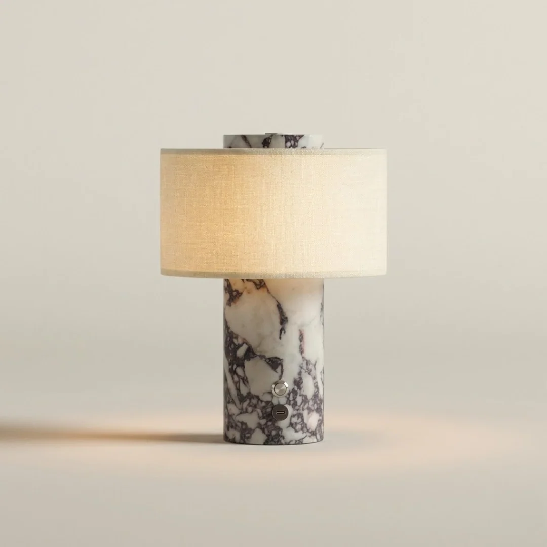 RadiantGlow Cordless Marble and Fabric LED Table Lamp