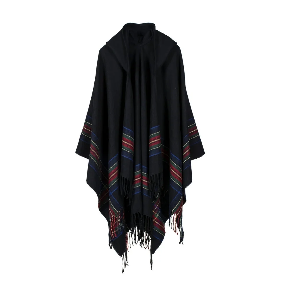 Hooded Poncho Oversized Striped Tassel Acrylic Blend