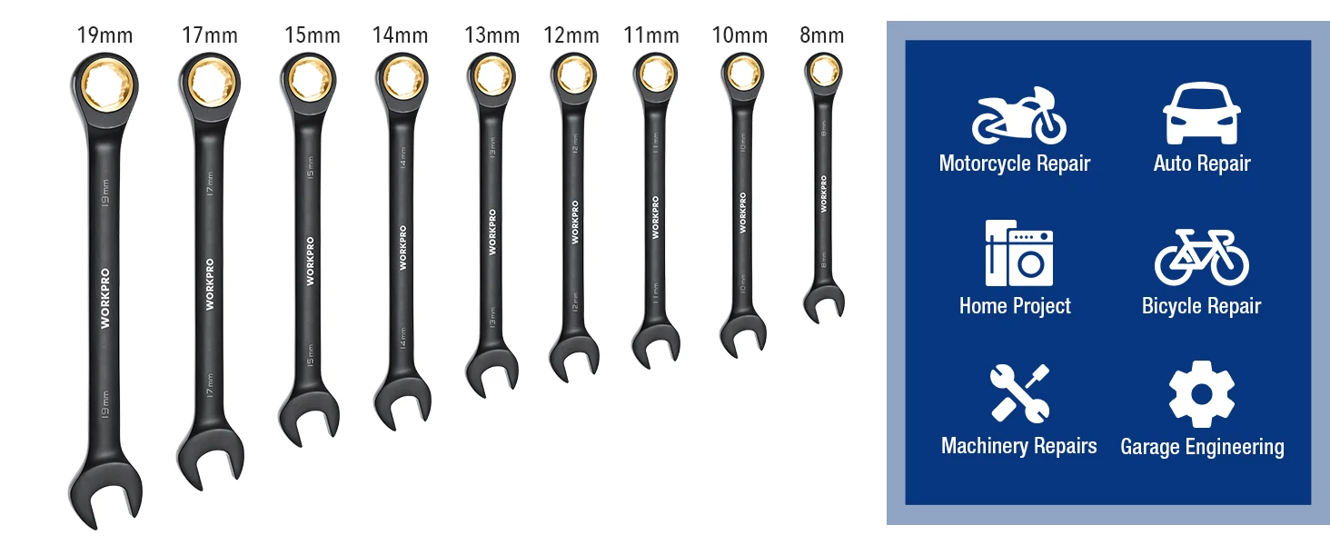 Set of WORKPRO open end wrenches with 19mm to 8mm sizes and a blue repair services chart