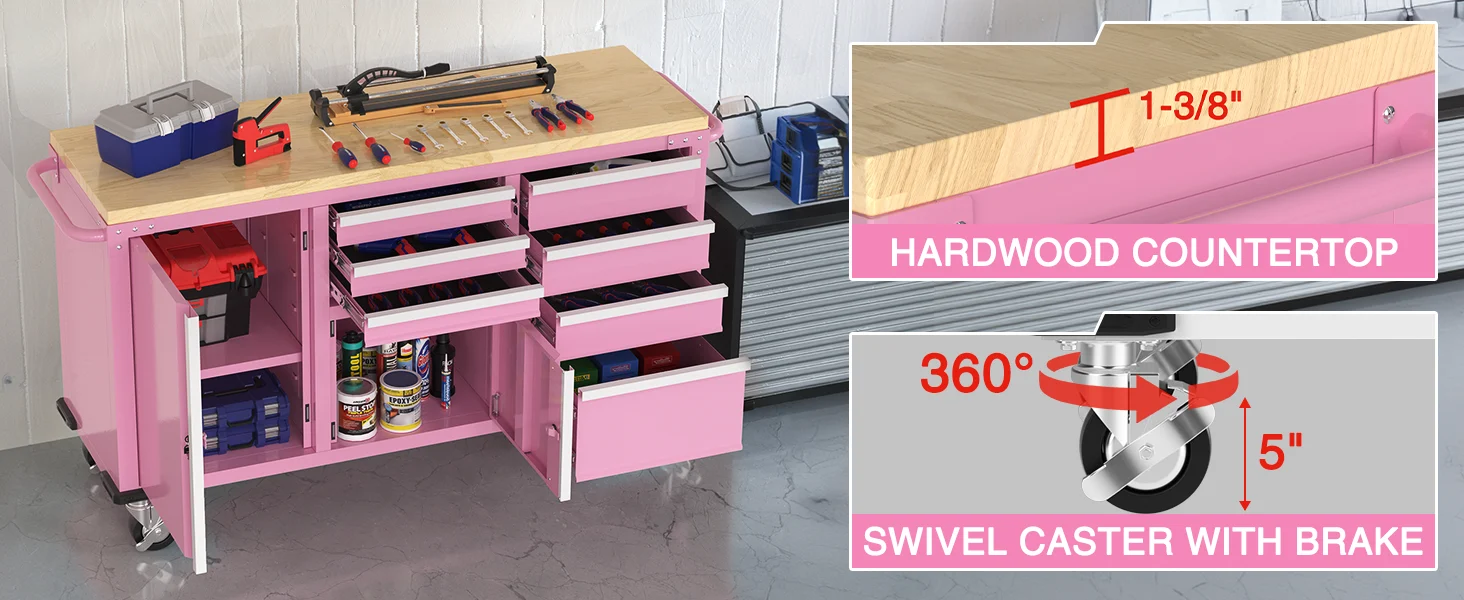 Pink tool cabinet with hardwood countertop, innovation and quality, with secure 360 swivel casters and 5 inch height