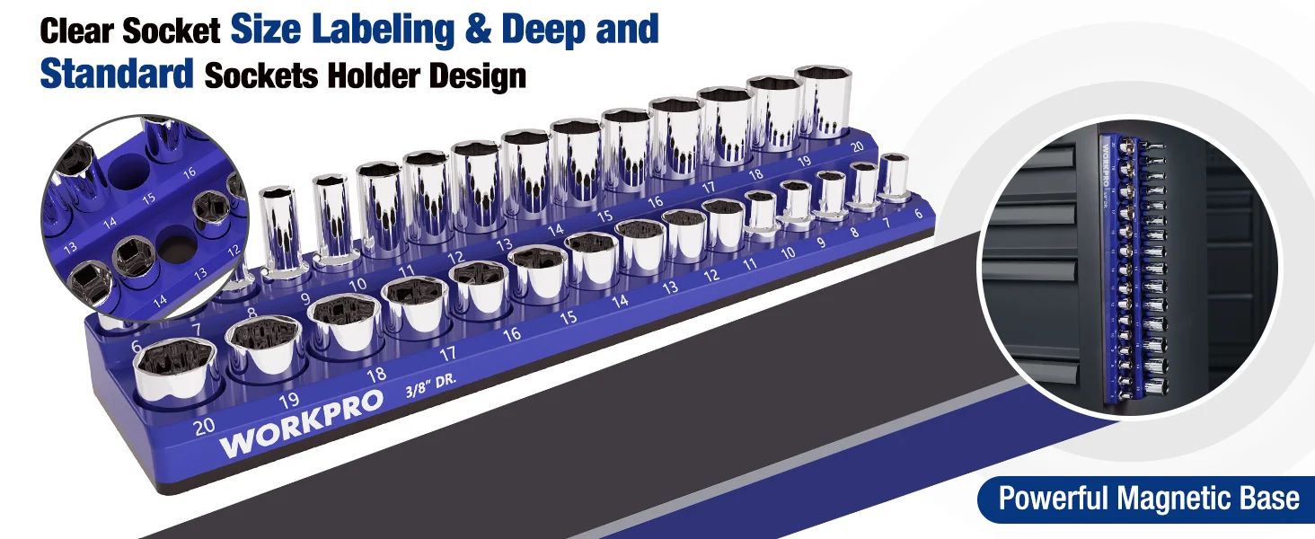 Socket set with chrome sockets on a blue holder, showing size labeling and a magnetic base detail