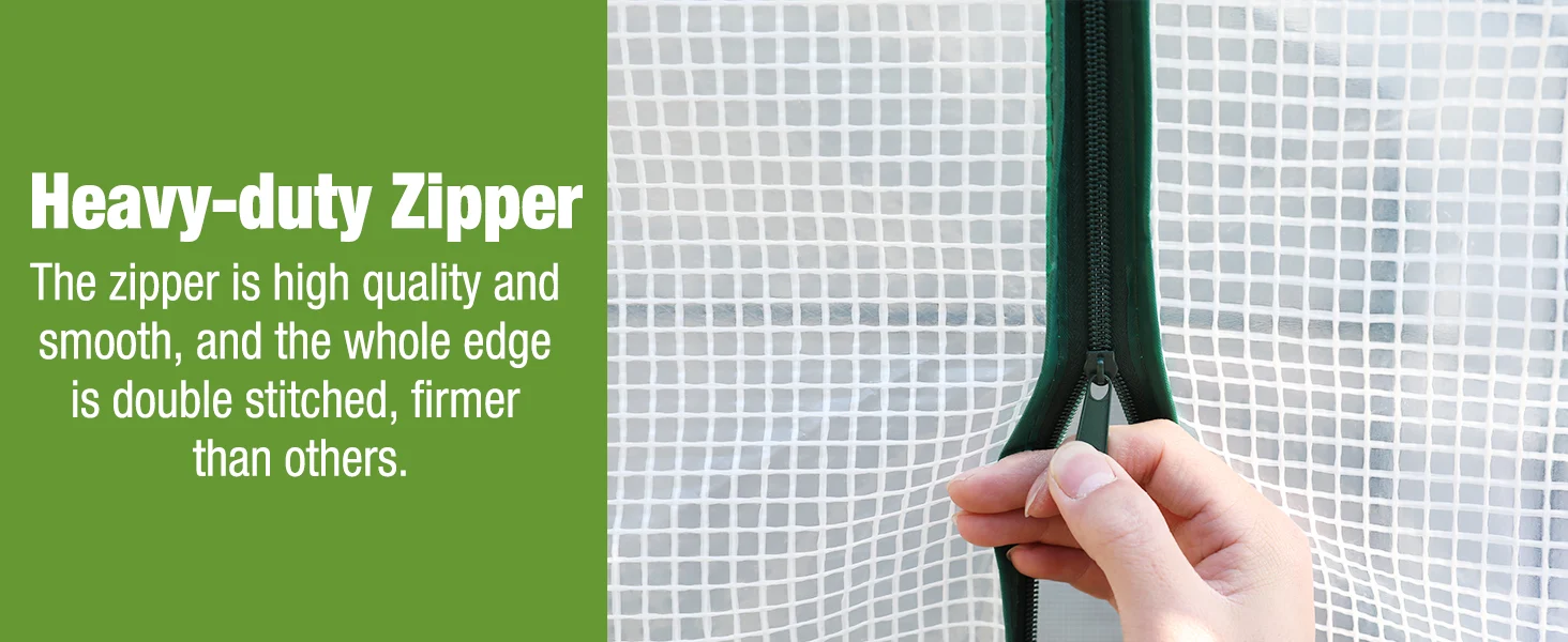 Green zipper pull held by a hand on a white grid fabric, showing innovation and high-quality durable stitching