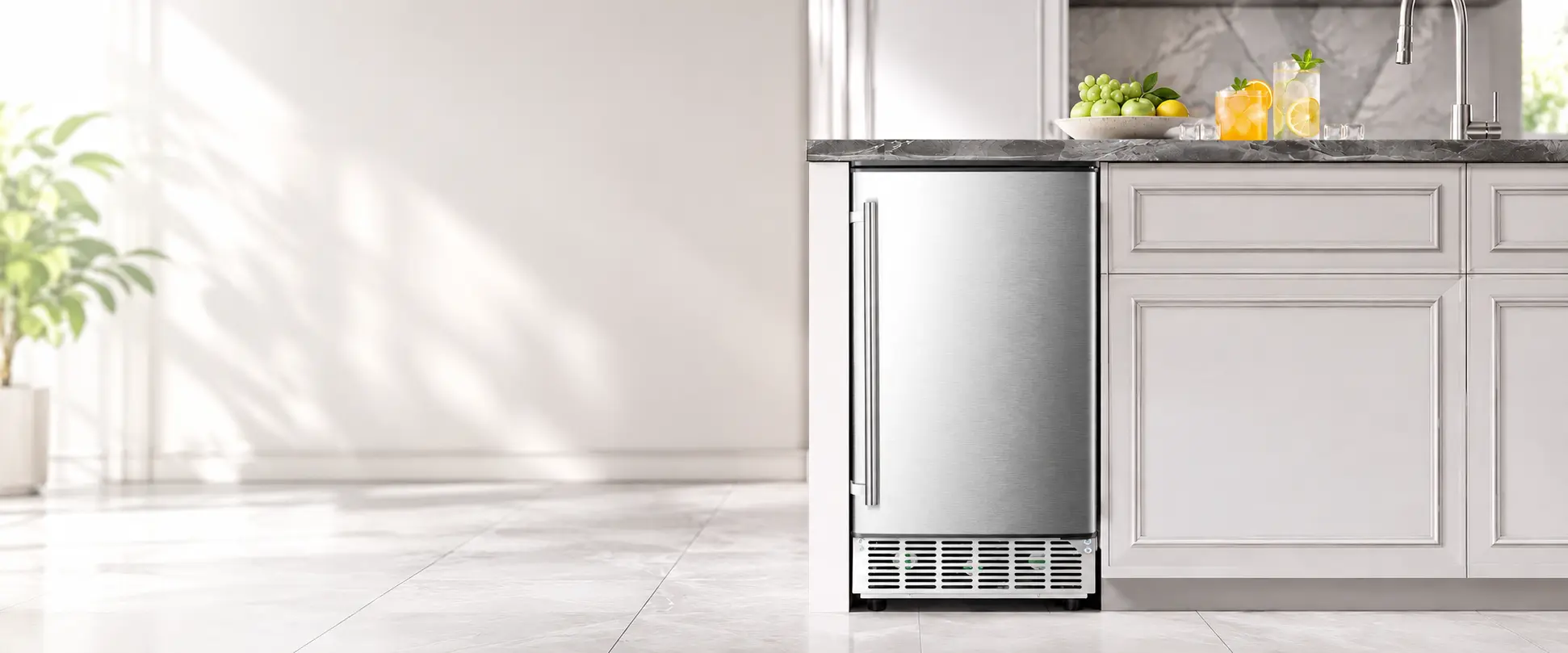 Stainless steel built-in ice maker installed under a modern kitchen countertop