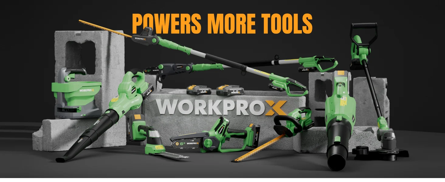 Green power tools lineup with concrete blocks, showing innovation and quality in a high quality secure durable design