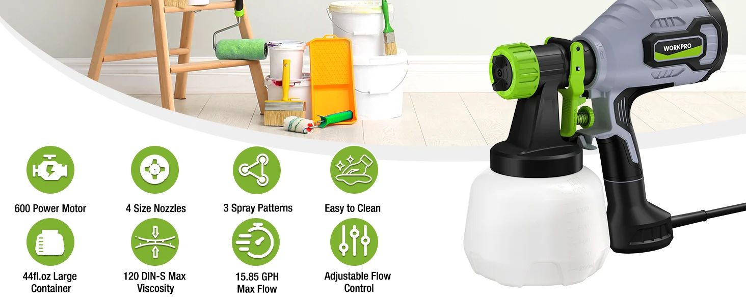 Spray gun with green nozzle and white container over a clean floor, with labeled features below