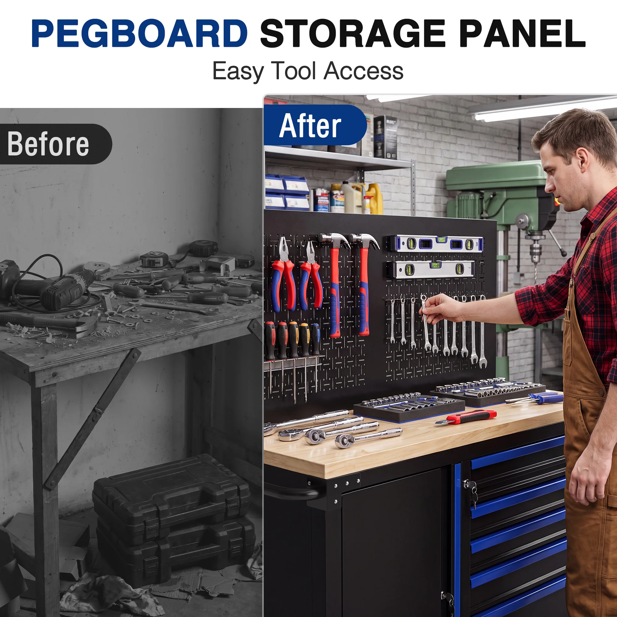 WORKPRO 52" x 20" Rolling Tool Chest with Pegboard, 5-Drawer & 1-Door - Image 8