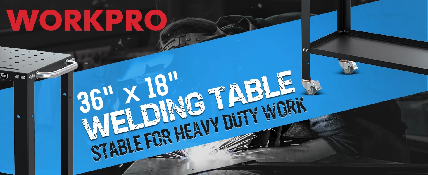 Workpro workbench frame with blue panel reading 36 x 18 inch welding table, stable for heavy duty work