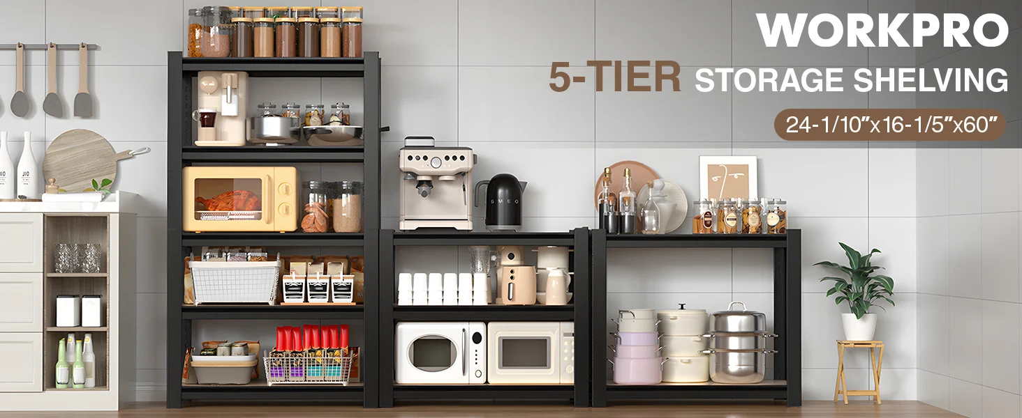 Kitchen storage shelving unit with open compartments, countertop appliances, and neatly organized cookware and jars