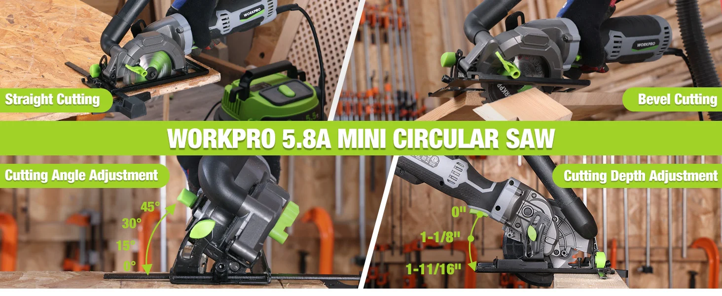 Workbench mini circular saw cutting wood, with innovation and quality shown in angle and depth adjustment views