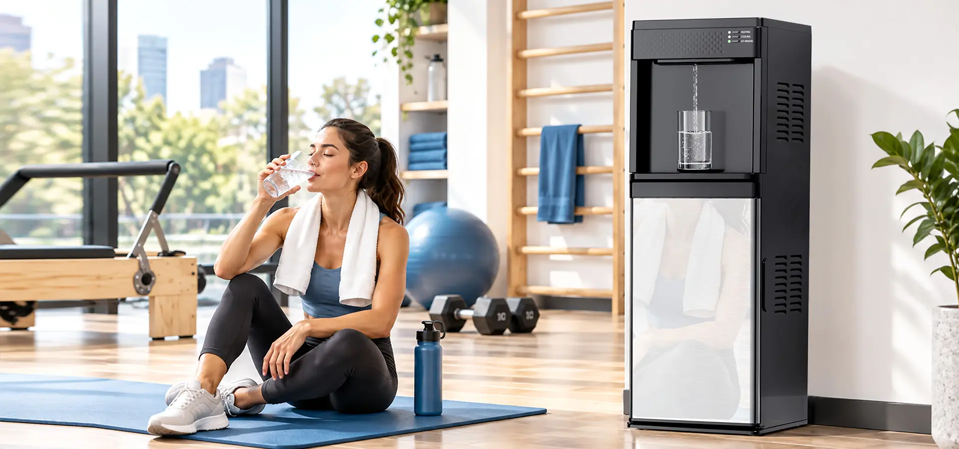 Water dispenser providing cold water in a home fitness area