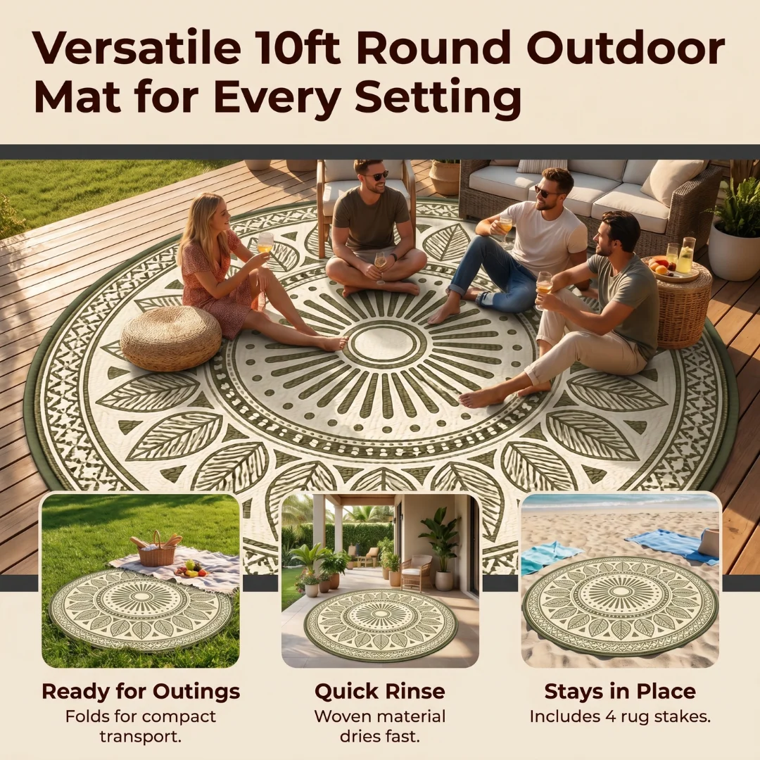 Round 10 ft Patio Rug Reversible Pattern Plastic Straw RV Mat