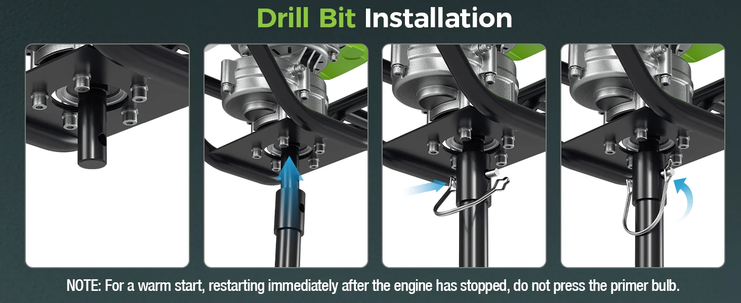 Drill bit installation sequence showing a drill bit entering a metal chuck with arrows and blue guidance