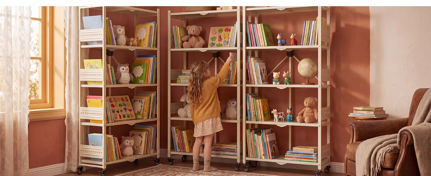 Children bookcase with colorful books and stuffed toys, innovation and quality in a bright living room