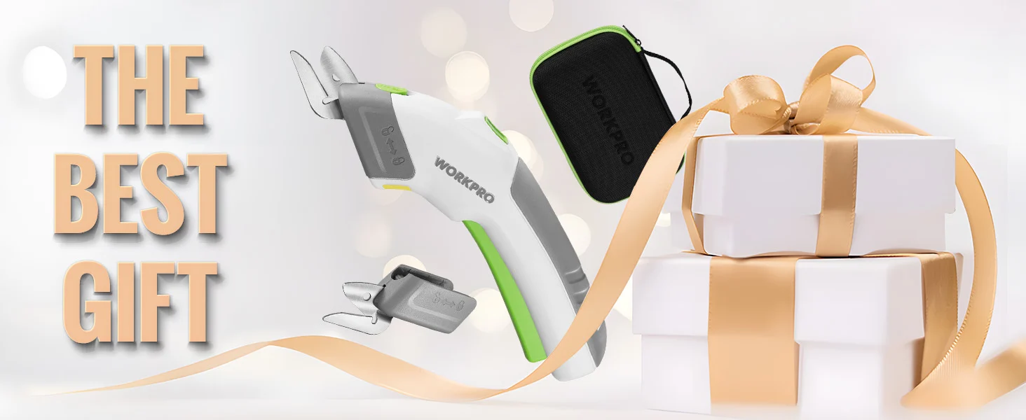 Tool and gift box scene with a green and gray work tool, ribbon, and phone pouch, with quality and innovation