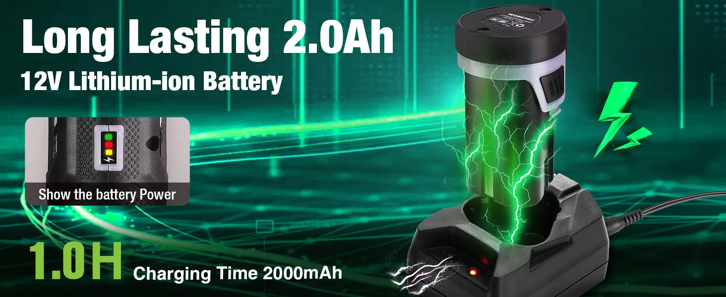 Lithium ion battery pack with glowing green lightning graphics, charging cable, and power indicator lights