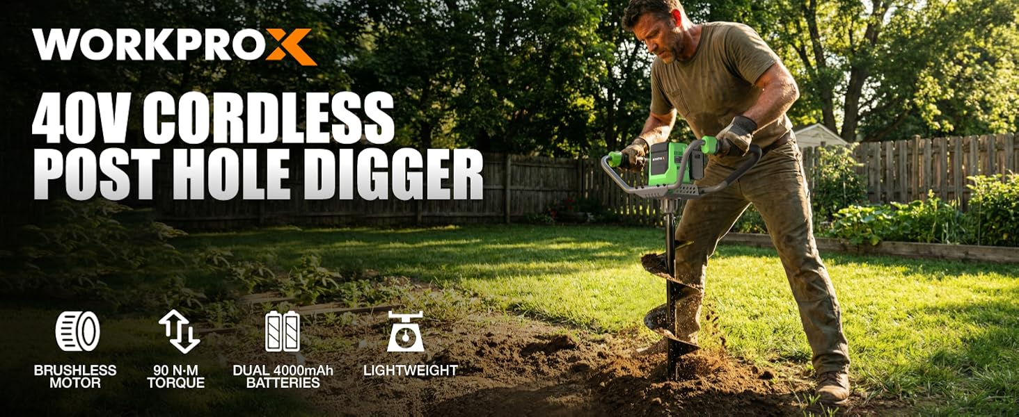 Garden post hole digger in use by a man in a sunny yard, with innovation and quality shown on screen
