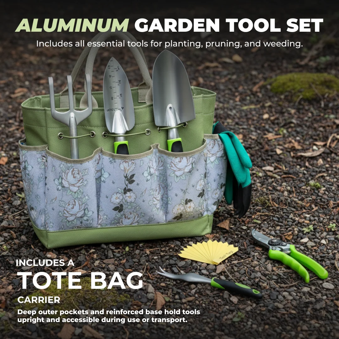 Garden Tool Set with Handles, Tote Bag Organizer, Plant Tags