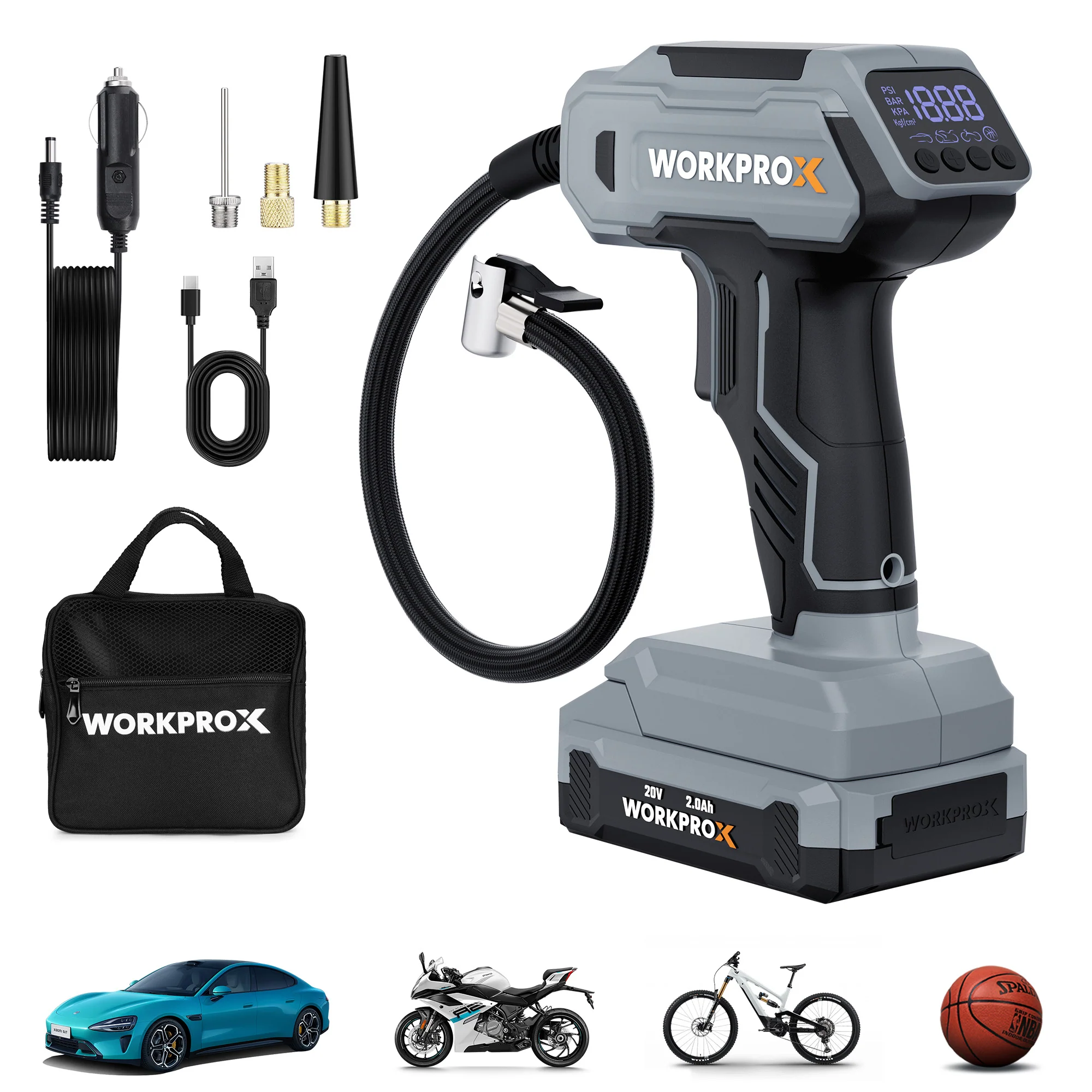 WORKPROX Tire Inflator Portable Air Compressor, 150 PSI Cordless Car Tire Pump with Digital Pressure Gauge, Fast Inflation, Rechargeable Battery & 12V DC Power, for Cars, Motorcycles, Bikes, Balls