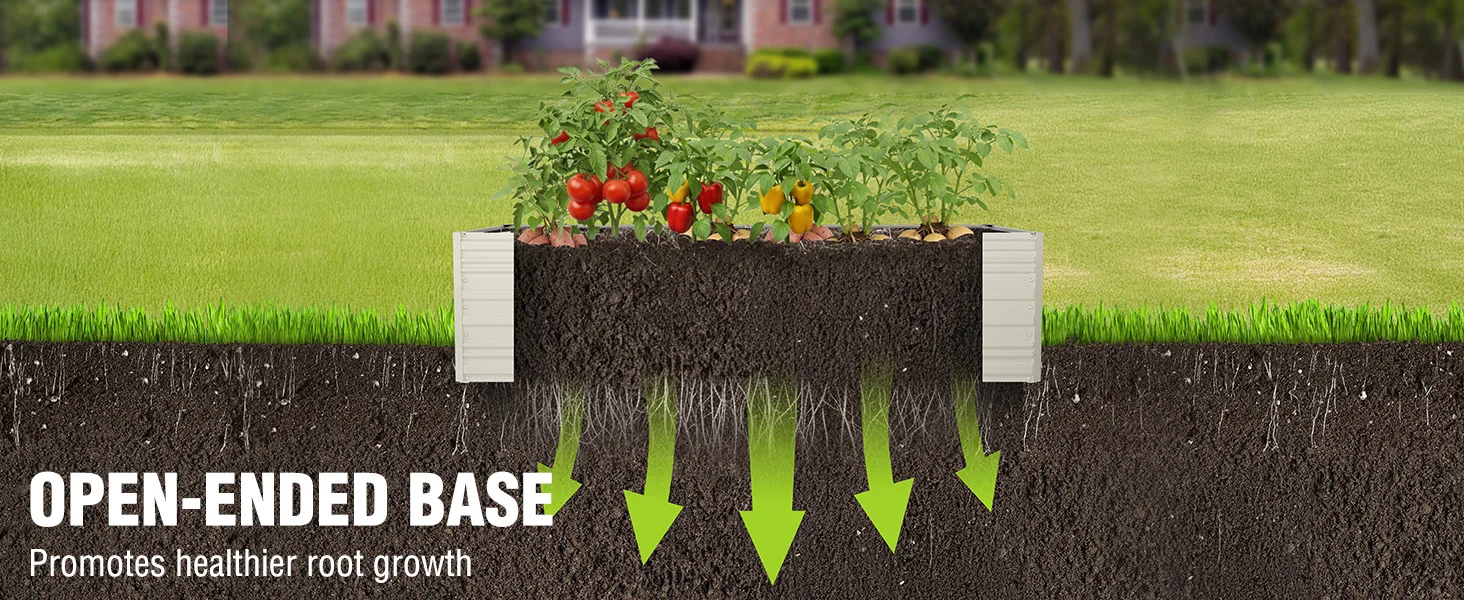 Garden soil cross section with a planter box and arrows, showing innovation and quality in root growth