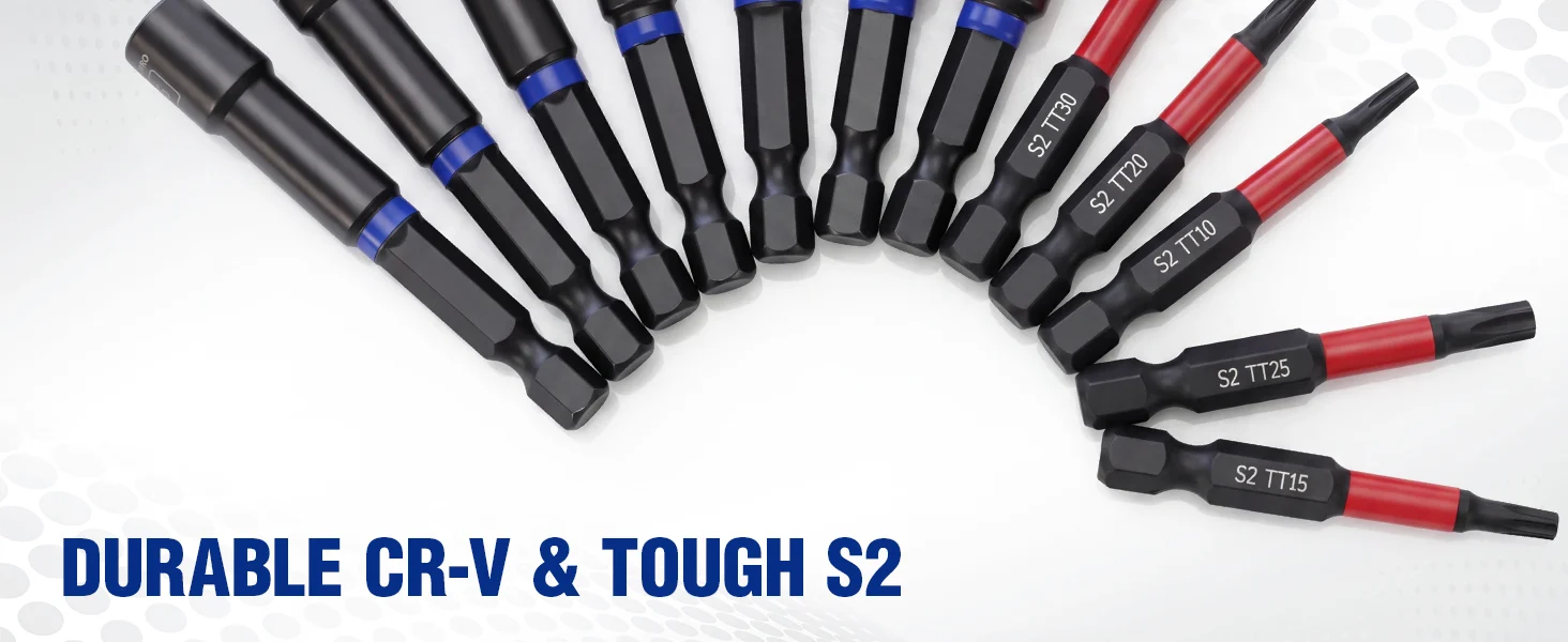 Screwdriver set with durable CR-V and tough S2 bits, blue and red handles, on a white dotted background