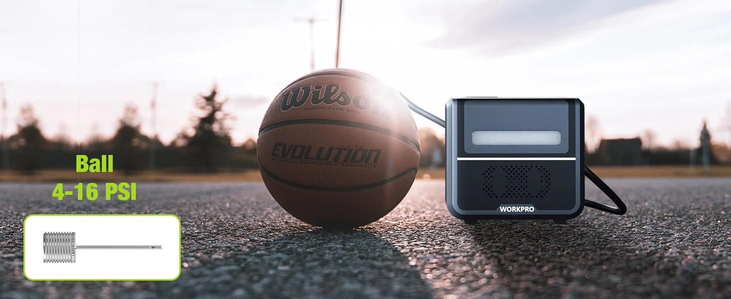 Inflatable ball and portable air pump on a road, with innovation and quality shown by the visible gauge.