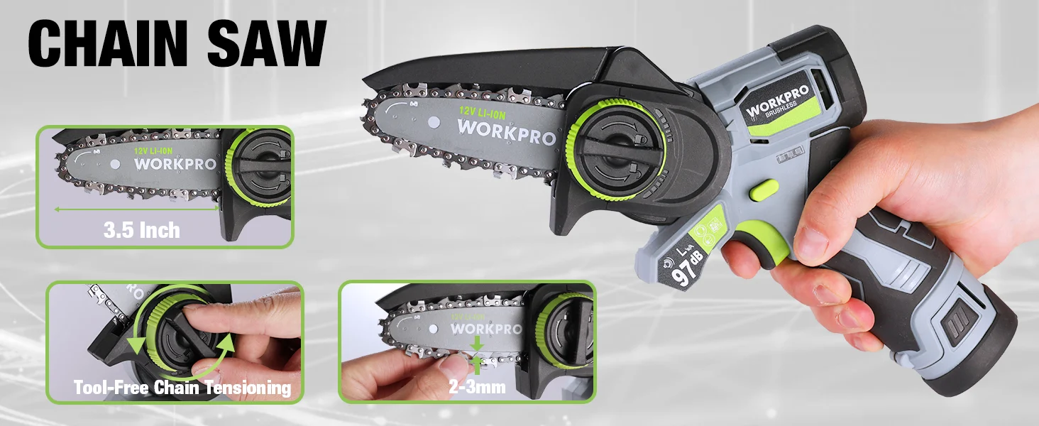 Battery-powered chain saw with innovation and quality features, including a 12V lithium battery and guide bar chain