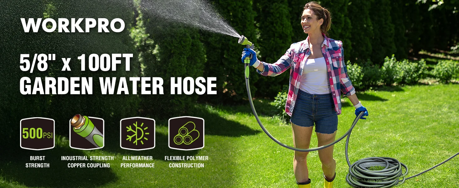 Garden water hose in a green yard with a woman spraying water, showing innovation and durable construction