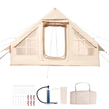 KFFKFF Inflatable Camping Tent for 3-5 Person, 9.84 x 6.56 x 6.56 Ft 300D Oxford Fabric Glamping Blow up Tent with Hand Pump, Waterproof Air Tent with Stove Jack