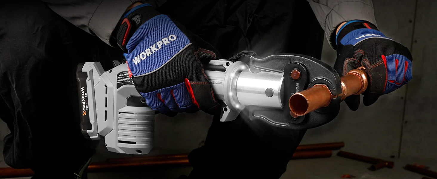 Gloved hands using a power tool with a silver housing and blue Workpro strap, showing innovation and quality