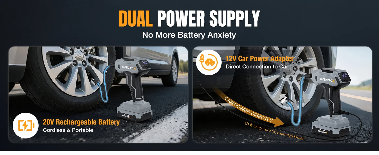 Dual power supply graphic with car battery charger images, innovation and quality shown on a road background