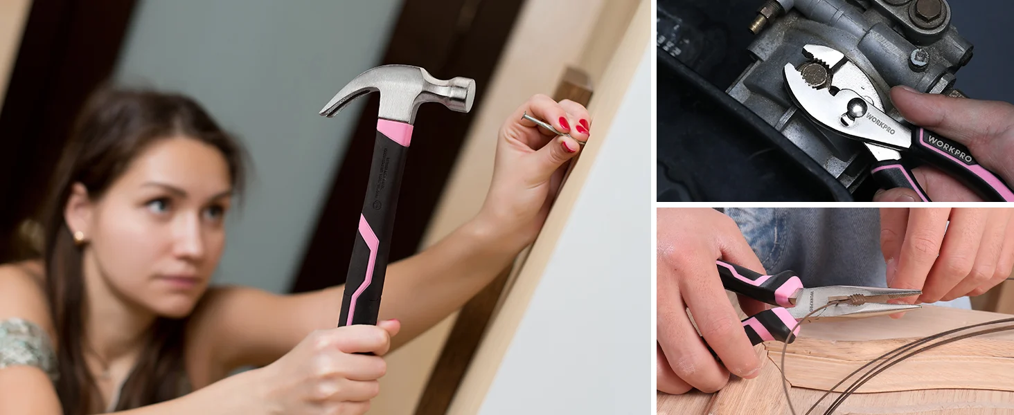 Woman using a hammer and pliers on wood, showing innovation and quality with durable, secure, convenient tools