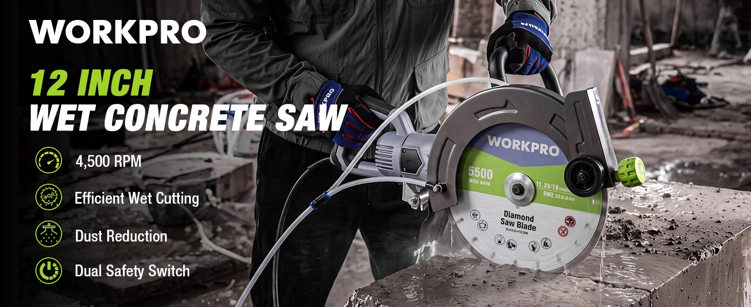 Workpro wet concrete saw with diamond blade, innovation and quality labels on a dusty jobsite