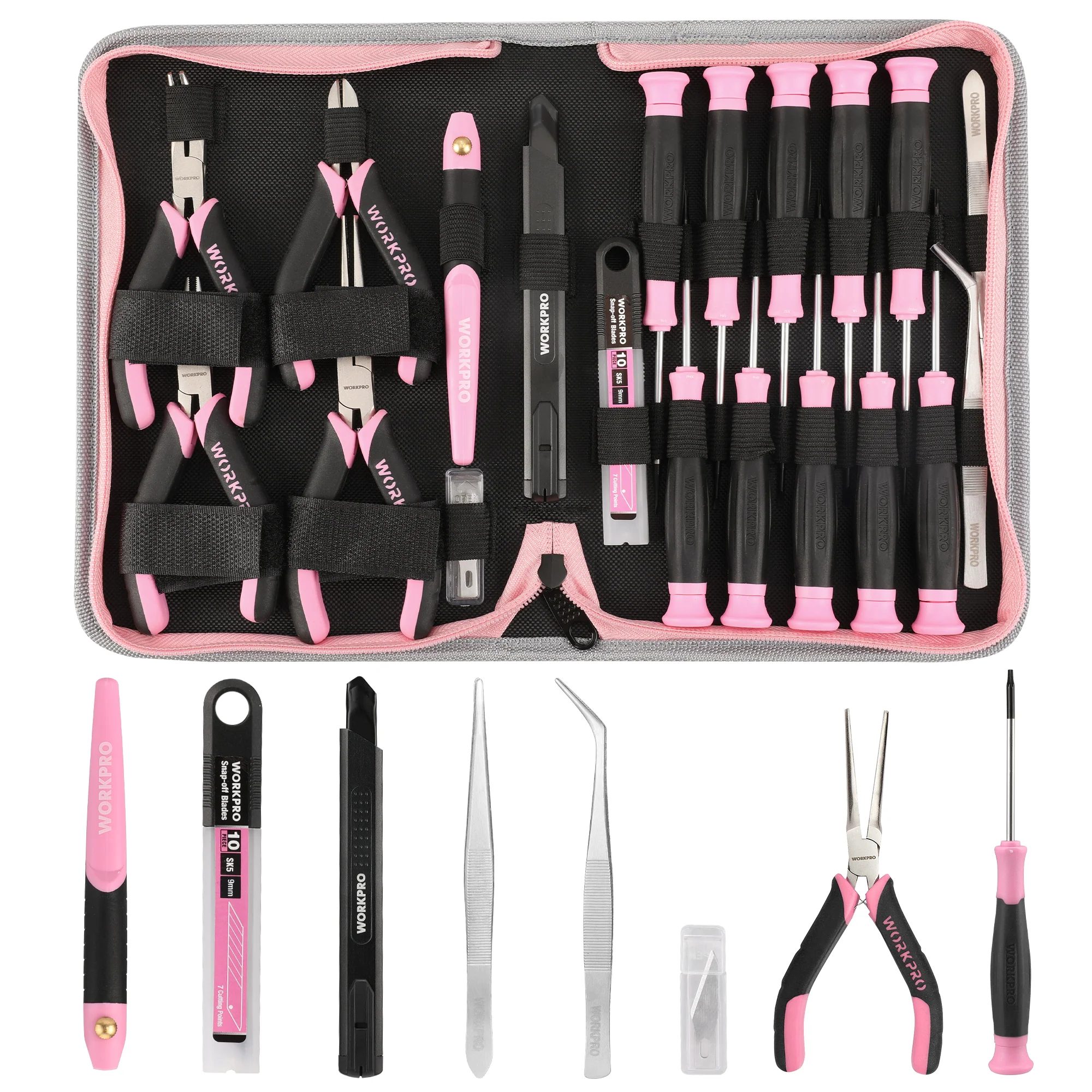 WORKPRO 33 Pcs Precision Repair Tool Set Includes Pliers Set - Pink Ribbon - Image 2