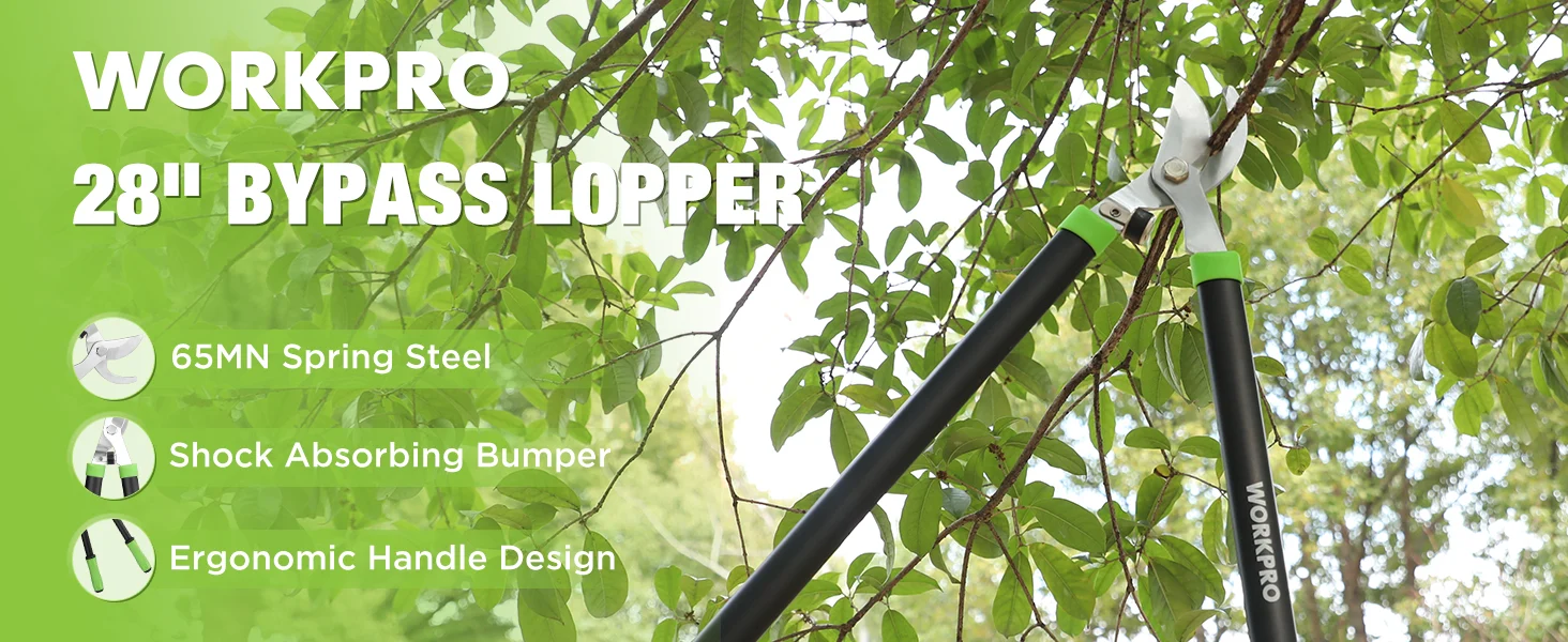 Garden bypass lopper with black handles and white blades among green leaves, labeled WORKPRO and 28 inch bypass lopper