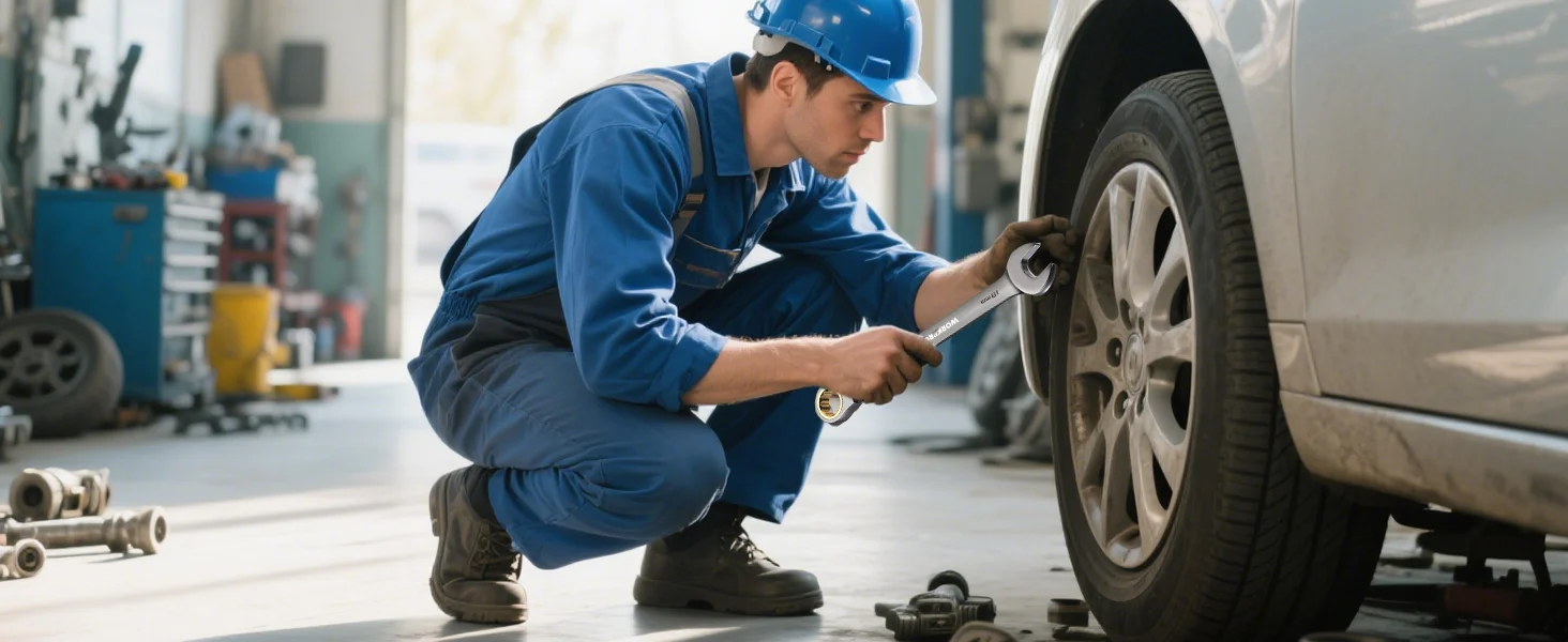 Auto mechanic in blue uniform and helmet tightening a wheel with a wrench in a workshop, innovation and quality