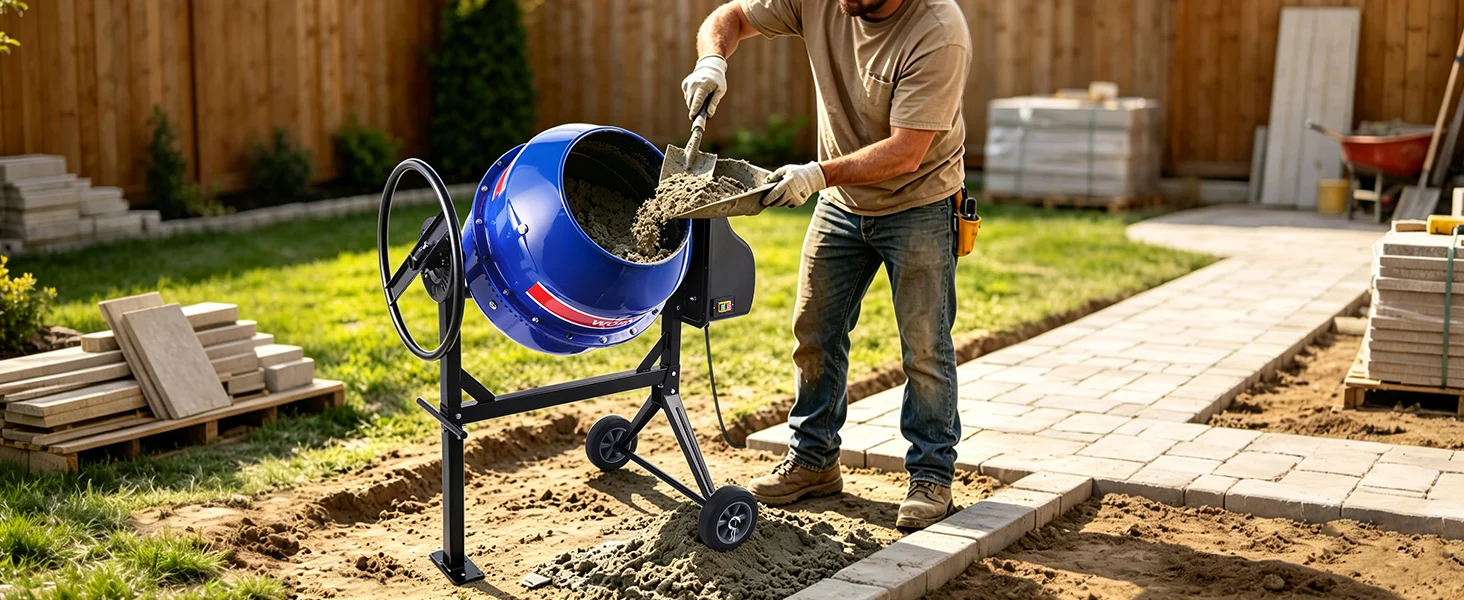 Worker pouring concrete from a blue cement mixer into a garden path, showing innovation and quality in construction