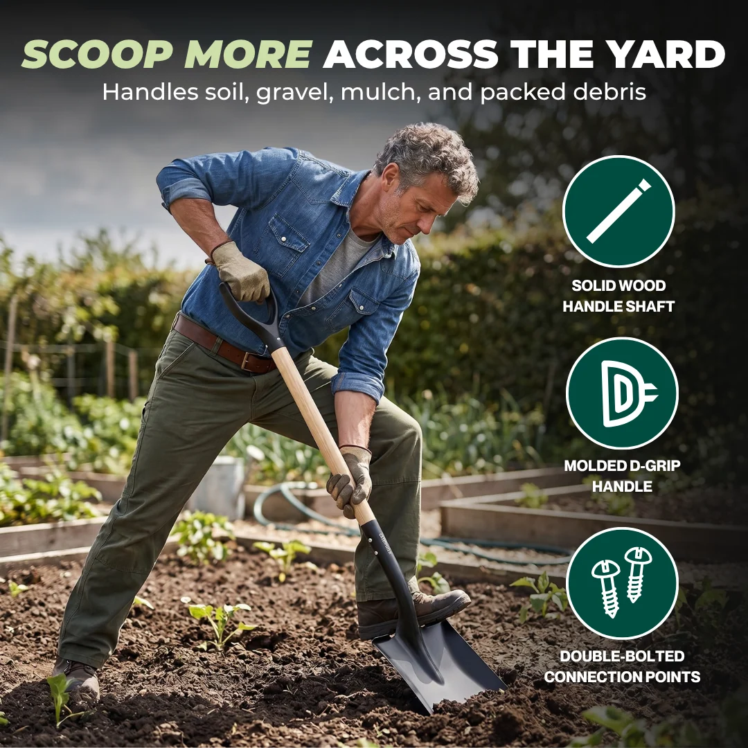 Flat Edge Garden Shovel with Steel Blade and Molded D-Grip Handle
