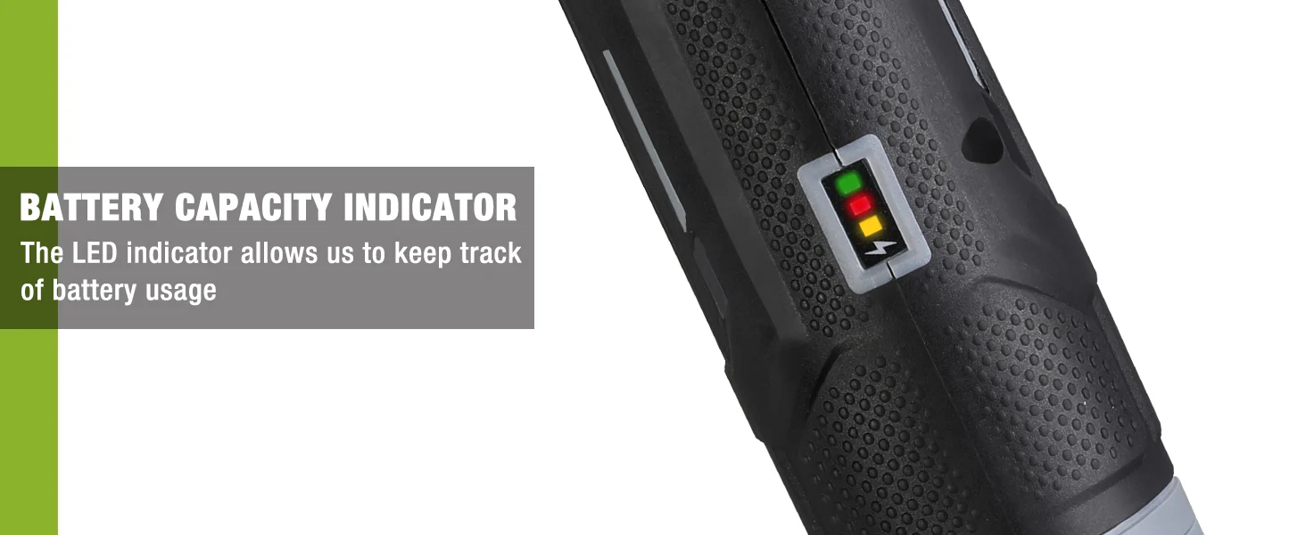 Battery capacity indicator on a black power tool handle with colored LED lights showing usage status