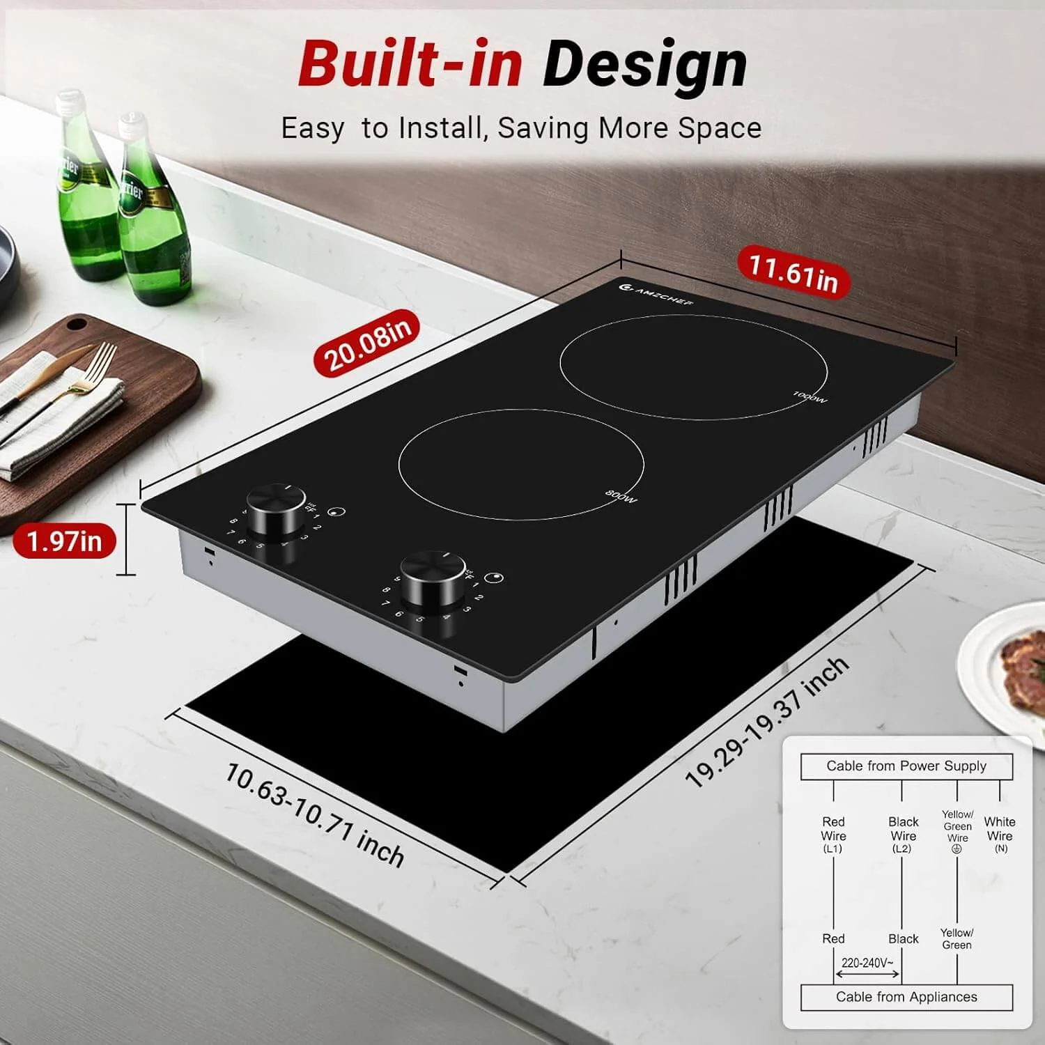 AMZCHEF 1800W Electric Cooktop 2 Burner Radiant Ceramic Stove with Knob Control —LT2V-31 2