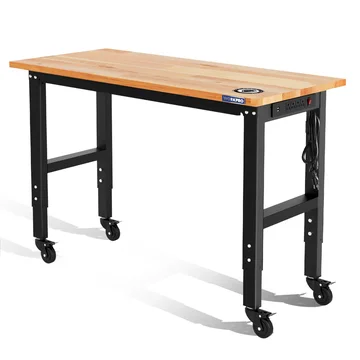 WORKPRO 48"×22" Adjustable Heavy-Duty Rubber Wood Top Workbench with Casters and Power Outlets, 1000 LBS Stationary Load Capacity