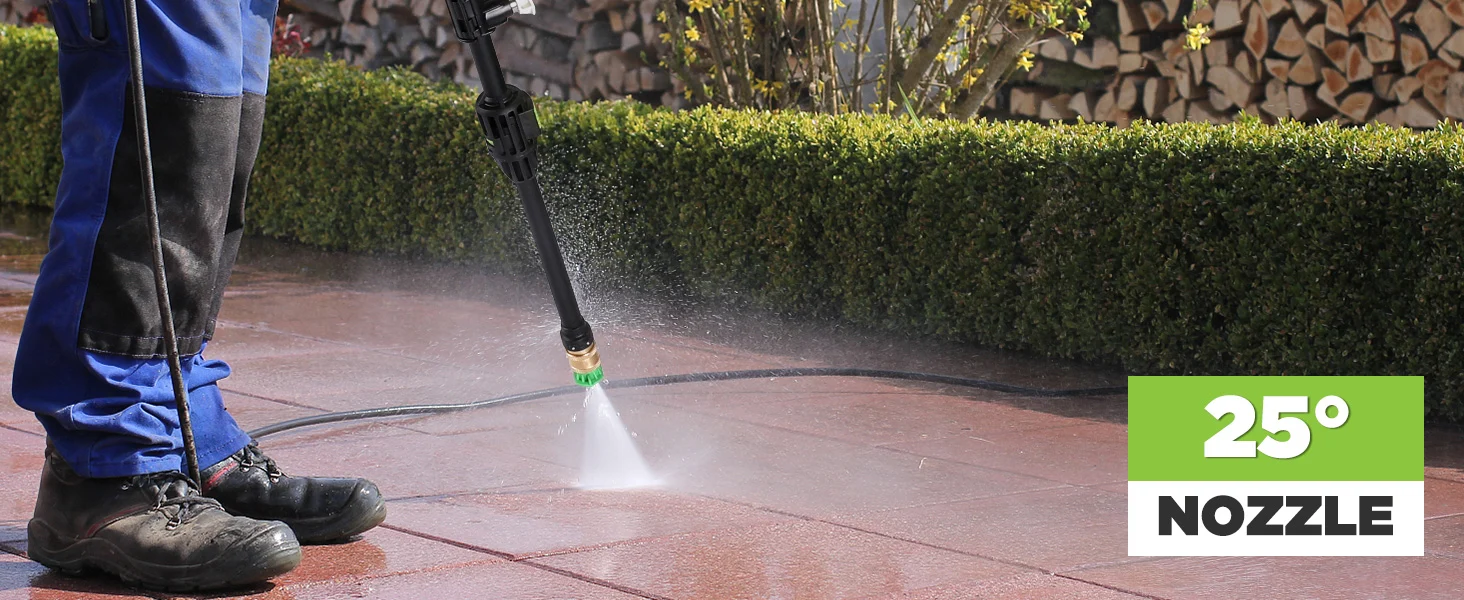 Garden worker kneels on a patio, using a high pressure nozzle to spray water, showing innovation and quality