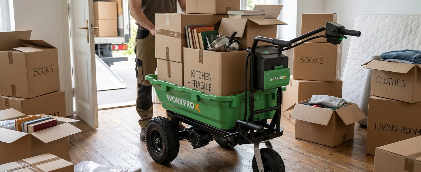 Moving cart with boxes labeled Books, Kitchen, and Clothes, showing innovation and quality during a home move