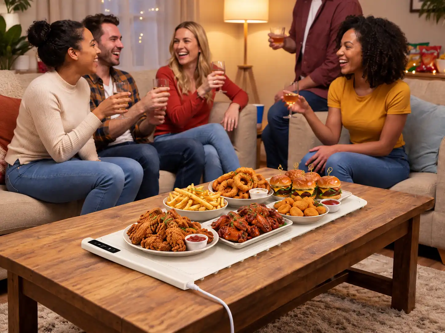 Kismile food warming mat holding appetizers during a gathering with friends